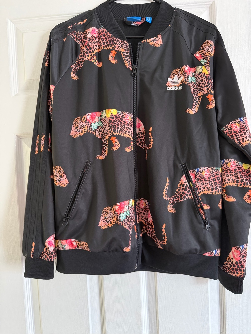 adidas Black Bomber Jacket with Floral Leopard Print